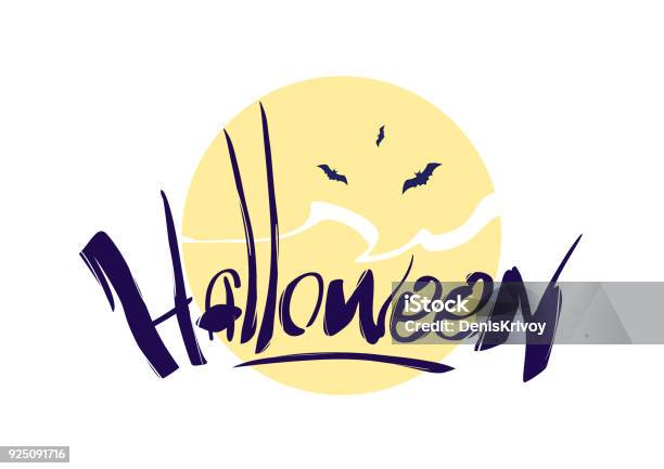 Hand Lettering Composition With Halloween Bats And Full Moon Stock Illustration - Download Image Now