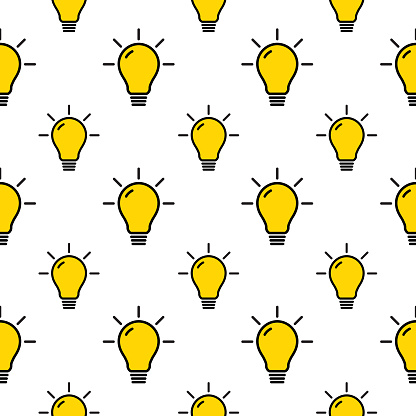 Vector seamless pattern of line art yellow light bulbs on a white background.
