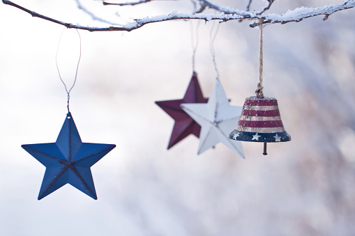 patriotic bell and red, white and blue stars decorating a snowy outdoor branch in winter