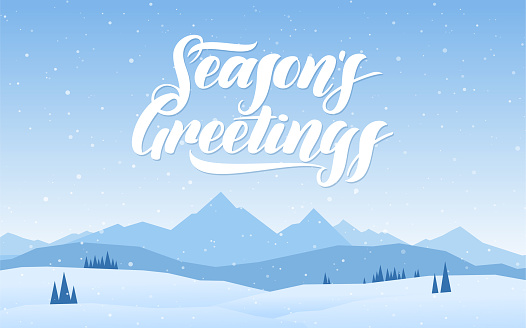 Vector illustration. Blue mountains winter snowy landscape with hand lettering of Seasons Greetings.