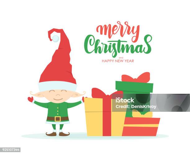 Greeting Card With Cartoon Character Of Little Elf Gift Boxes And Handwritten Lettering Of Merry Christmas Stock Illustration - Download Image Now