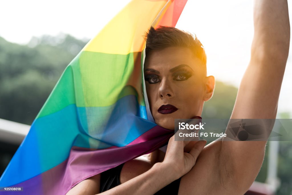 Confident Gay Boy Holding Rainbow Flag Drag Queen Drag Queen Stock Photo