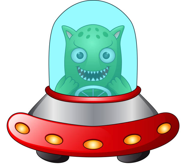 illustrations, cliparts, dessins animés et icônes de ufo rouge avec alien vert sur fond blanc - mascot alien space mystery