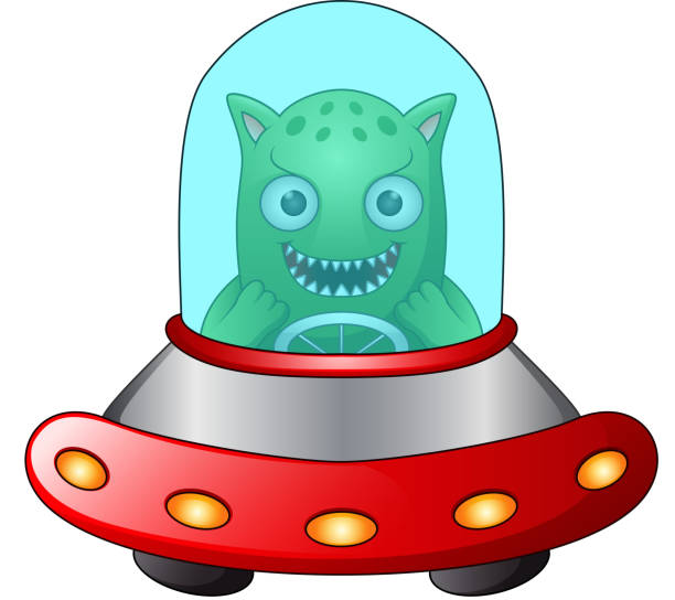 illustrazioni stock, clip art, cartoni animati e icone di tendenza di ufo rosso con alieno verde su sfondo bianco - mascot alien space mystery