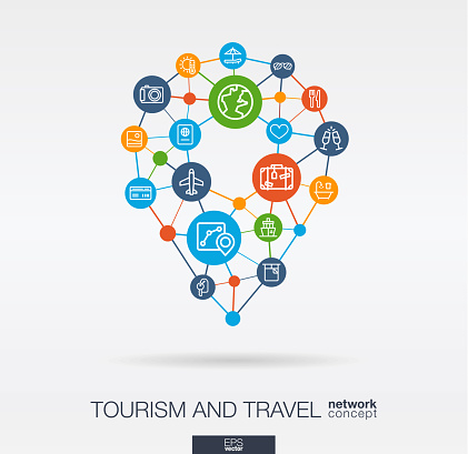 Travel integrated thin line web icons in map pin sape. Digital network concept. Connected graphic design polygons, circles system. Vector background whith gps navigation marker, tourism, hotel booking