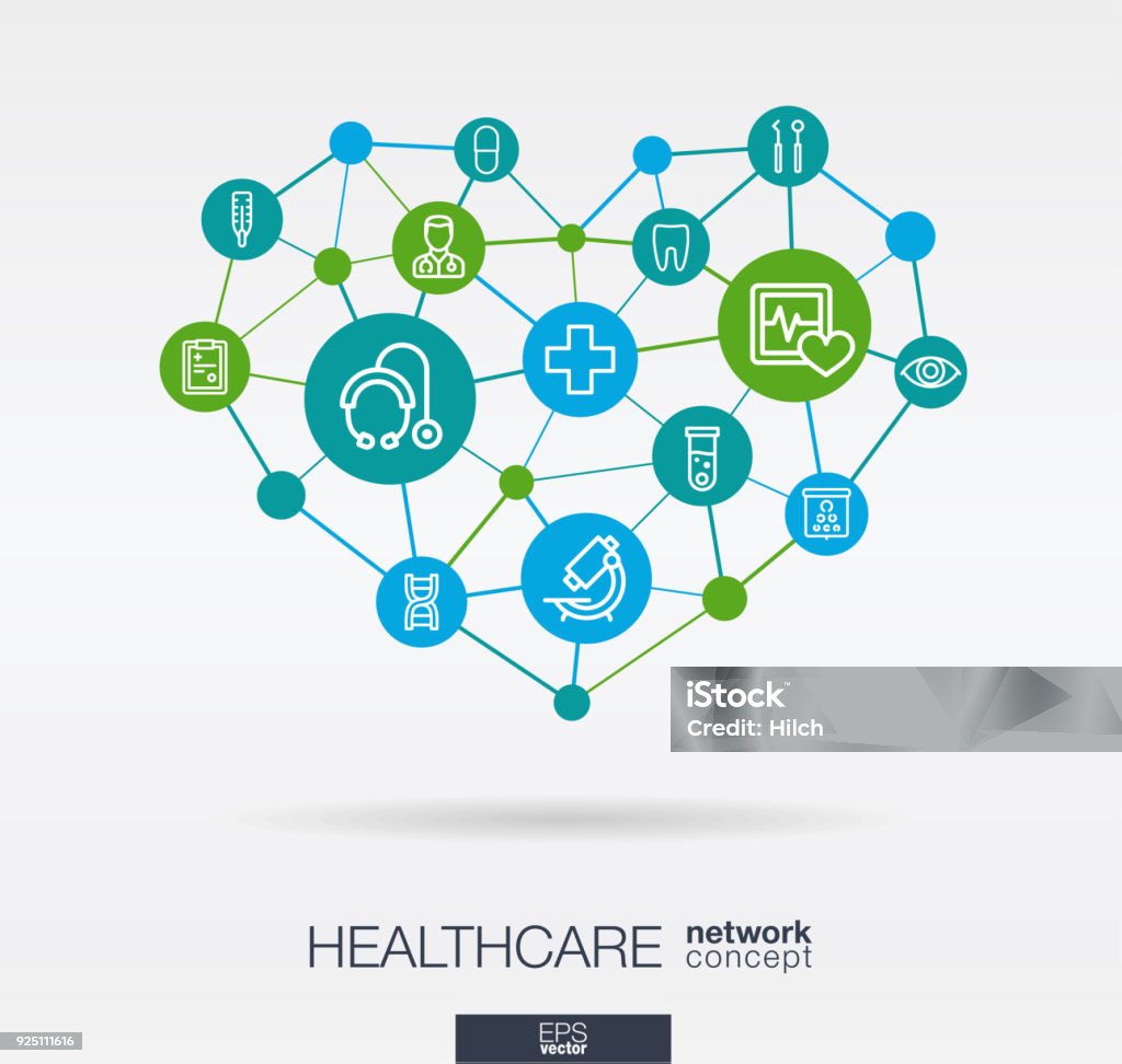 Healthcare, integrated thin line icons in heart shape. Digital neural network concept Healthcare, integrated thin line web icons in heart shape. Digital neural network interact concept. Connected polygons system. Abstract background for medicine and medical service. Vector Infograph Healthcare And Medicine stock vector