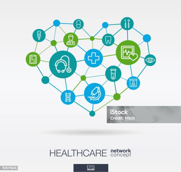 Healthcare Integrated Thin Line Icons In Heart Shape Digital Neural Network Concept Stock Illustration - Download Image Now