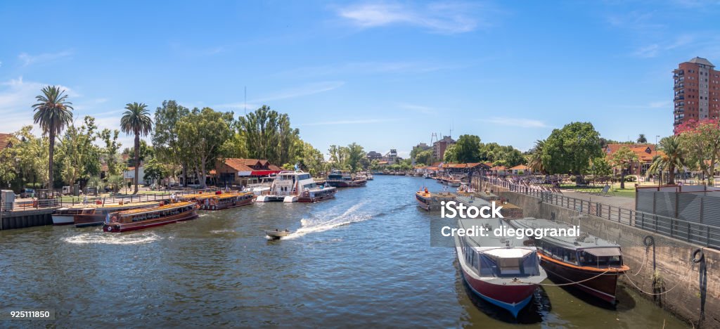 Panoramic view of Boats at Tigre River - Tigre, Buenos Aires, Argentina Delta Stock Photo