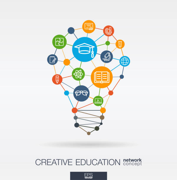 Education integrated thin line icons. Digital neural network concept. Idea, solution in light bulb shape. Education integrated thin line web icons. Idea, solution in light bulb shape. Digital network concept. Connected polygons and circles system. Elearning, graduation, school abstract background. Vector learning designs stock illustrations