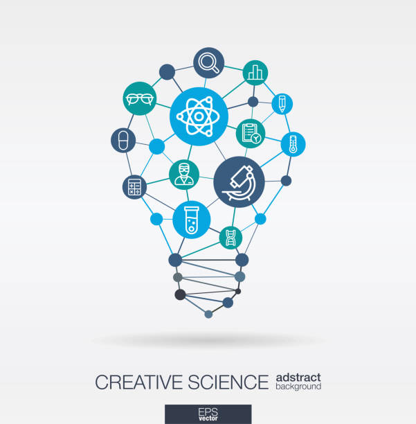 통합 과학 선 아이콘입니다. 디지털 신경망 개념입니다. 아이디어, 솔루션 전구 모양입니다. - lab items stock illustrations