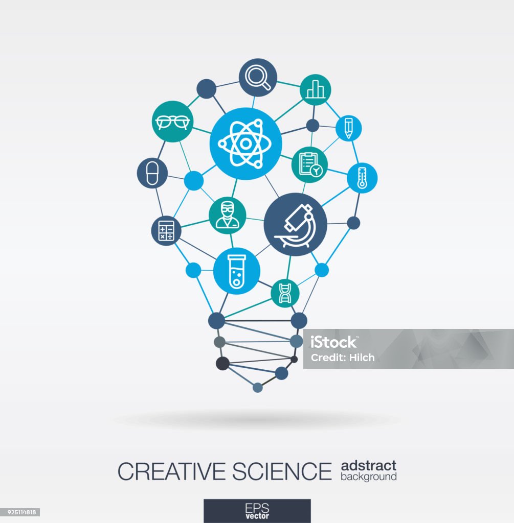 Science integrated thin line icons. Digital neural network concept. Idea, solution in light bulb shape. Science integrated thin line web icons. Idea, solution in light bulb shape. Digital network concept. Connected polygons and circles system. Laboratory research, innovation abstract background. Vector Innovation stock vector
