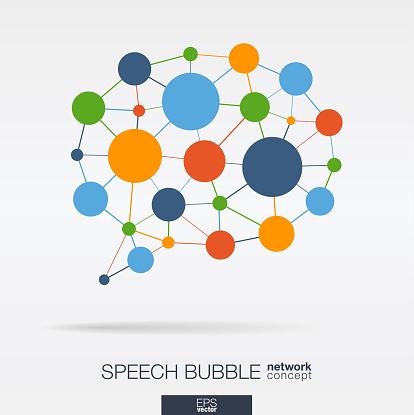 Abstract social media market background. Speech bubble message graphic design idea. Digital network polygonal line and circle system. Dialog quote balloon connected concept. Vector interaction icon