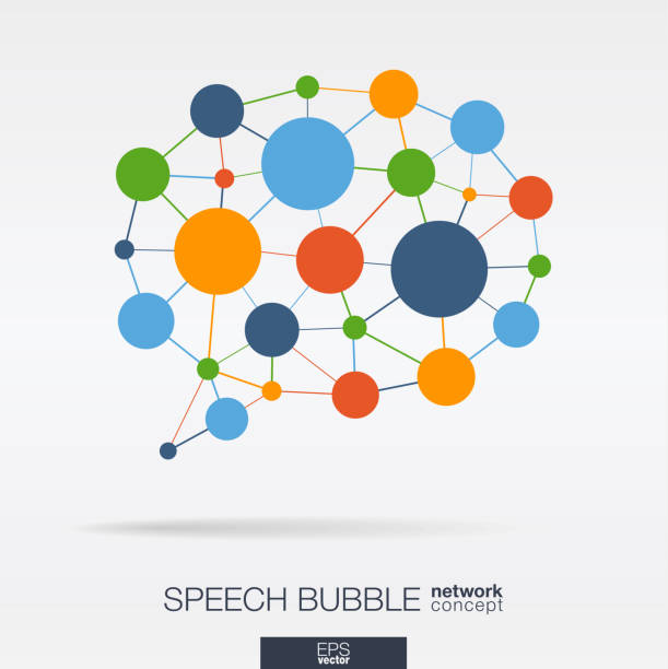Abstract social media market background. Network, speech bubble message graphic design idea. Dialog quote balloon connected concept. Vector interaction icon Abstract social media market background. Speech bubble message graphic design idea. Digital network polygonal line and circle system. Dialog quote balloon connected concept. Vector interaction icon social media infographics stock illustrations