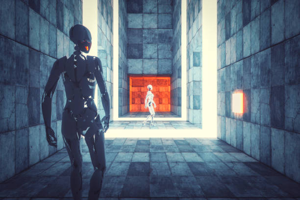 istock Futuristic cyborgs walking in underground stone city 925115914