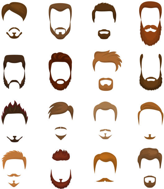 ilustrações de stock, clip art, desenhos animados e ícones de beards vector portraite of bearded man with male haircut in barbershop and barbed mustache on hipsters face illustration set of barber hairstyle isolated on white background - costume mustache child disguise