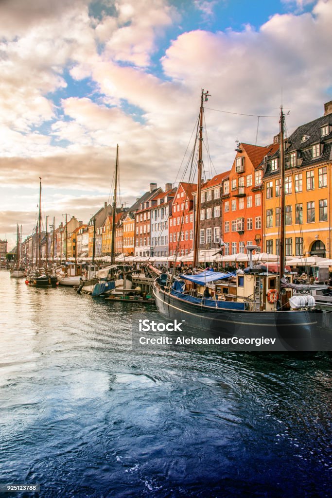 Colorful Traditional Houses in Copenhagen old Town Nyhavn at Sunset Copenhagen Stock Photo