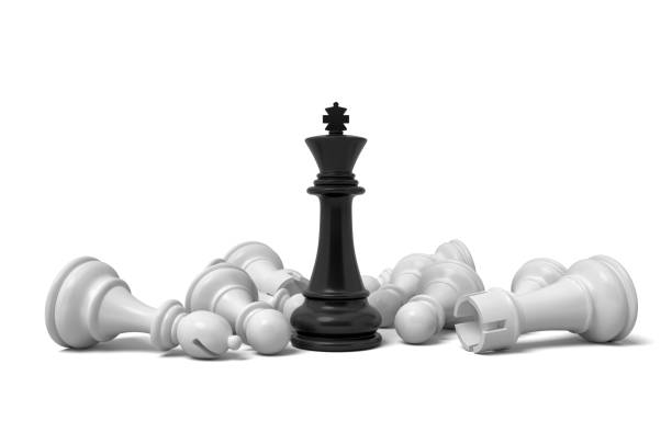 istock 3d rendering of a single black chess king stands among many fallen white chess pieces 925126340
