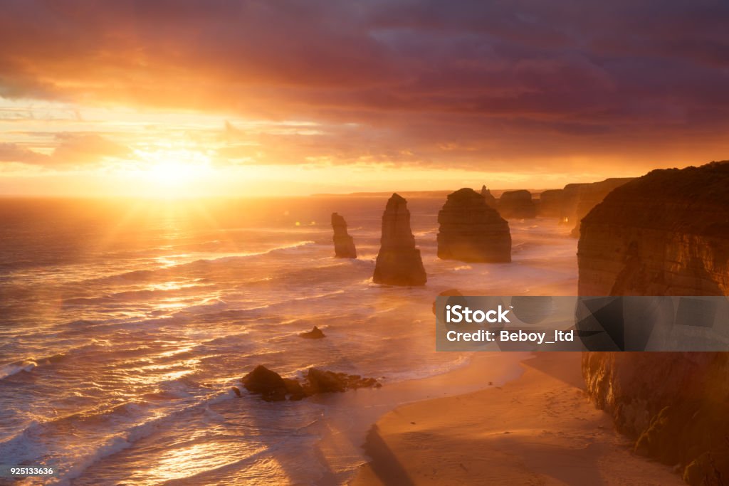 Twelve Apostles on the Great Ocean Road at Sunset. Australia. Australia Stock Photo