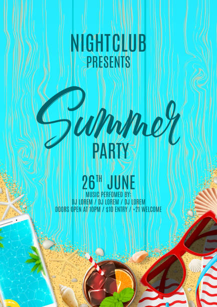 Beautiful poster invitation for summer party Beautiful poster invitation for summer party. Top view on flip flops, seashells, red sun glasses, cocktail, smartphone and sea sand on wooden texture. Vector illustration. Invite to nightclub. beach party stock illustrations