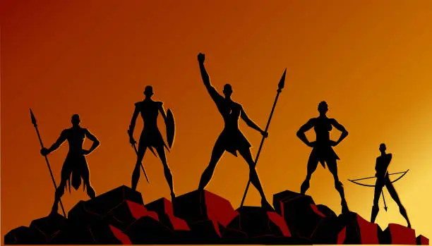 Vector illustration of Vector African Women Superhero Team Silhouettes on Rocks