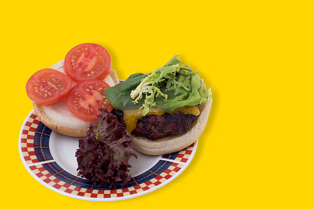 Cookout: Grilled Hamburger on Red, White & Blue Plate stock photo