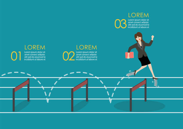 geschäftsfrau mit elastische feder schuhen springen über die hürde infografik infografik hürde überspringen - running track women running spring stock-grafiken, -clipart, -cartoons und -symbole