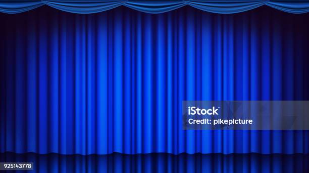 Blue Theater Curtain Vector Theater Opera Or Cinema Empty Silk Stage Blue Scene Realistic Illustration Stock Illustration - Download Image Now