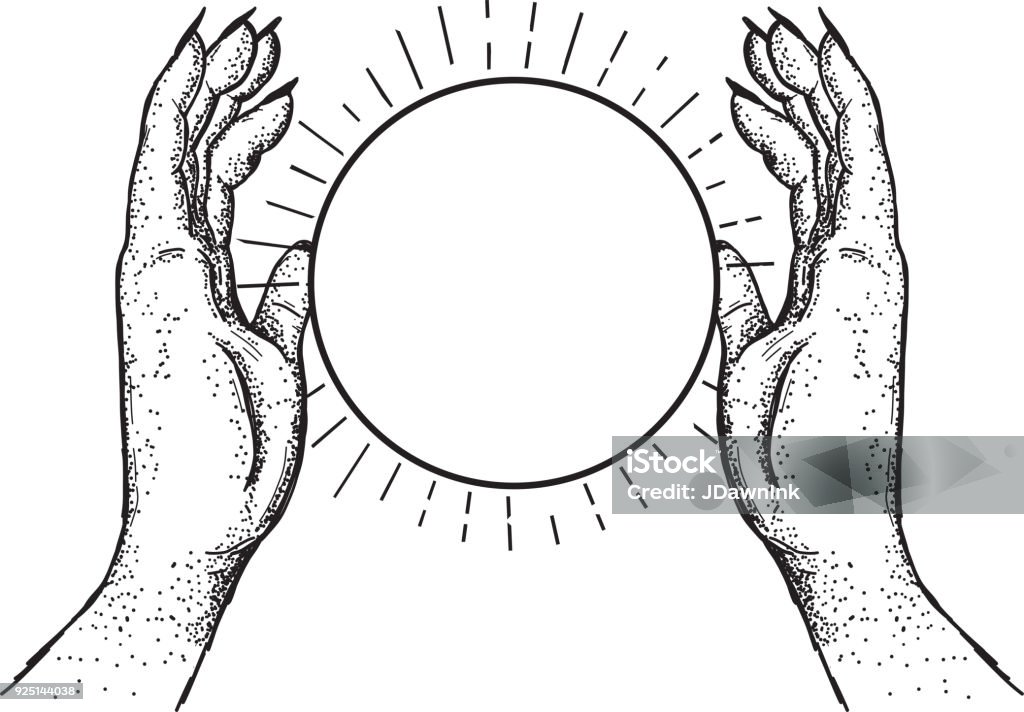 Two hands holding a crystal ball Two human hands holding a crystal ball drawing. Crystal Ball stock vector