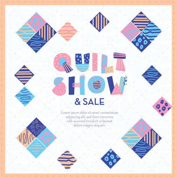 ilustrações, clipart, desenhos animados e ícones de quilt show e venda modelo de design de cartaz com letras de mão - quilt patchwork sewing textile