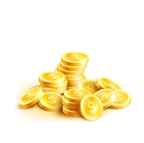 Vector illustration of Vector coins icon of golden dollar coin cent pile