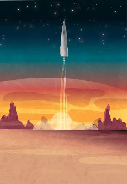 Vector illustration of Mars with spaceship rocket taking off