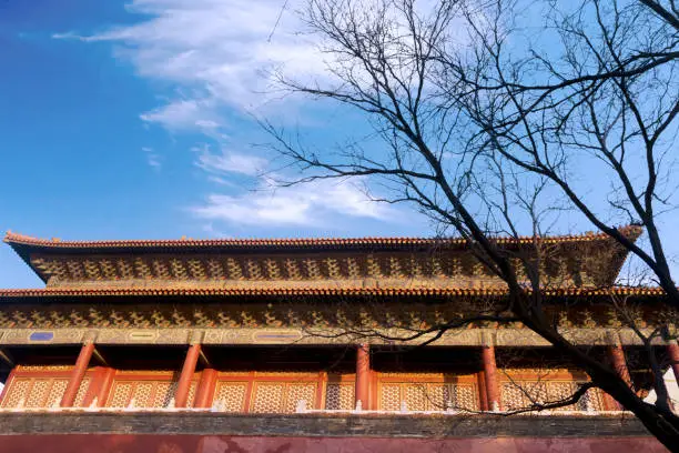 Beijing, China. February 23, 2018: Low angle view of beautiful Imperial Palace of Forbidden City under blue sky