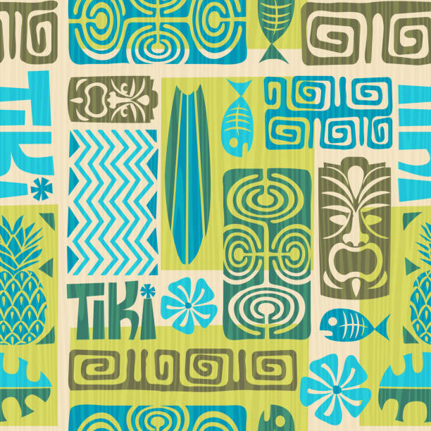 illustrazioni stock, clip art, cartoni animati e icone di tendenza di modello tiki esotico retrò senza soluzione di continuità. illustrazione vettoriale. - hawaiian culture hibiscus print pattern