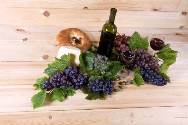 istock Grape, wine, cheese and bread on table. Southern lunch 925148080