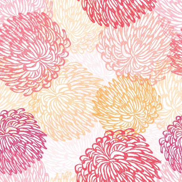 Vector illustration of Fuji Mum, Dalhia, Flower Seamless Vector Pattern - Ink Drawing with Watercolor Texture