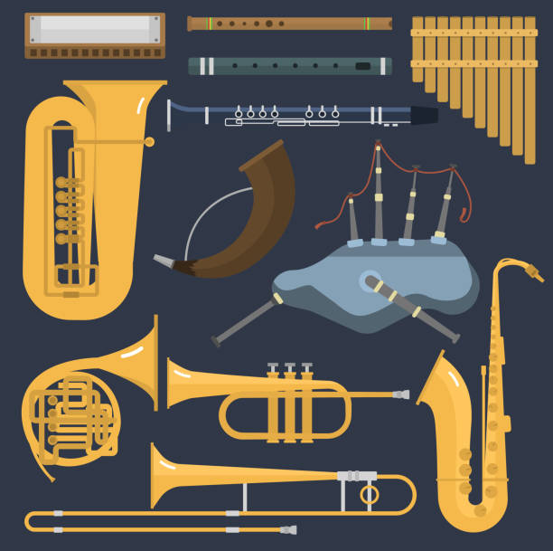 illustrations, cliparts, dessins animés et icônes de instruments musicaux vent en laiton tube isolés sur fond. equipement coup flonflons studio acoustique de musicien brillant laiton. outil de son bois métal tube orchestre trompette - trumpet jazz bugle brass instrument