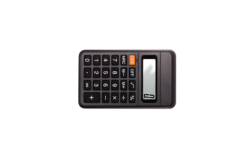 Calculator isolated on white background. Flat lay, top view.