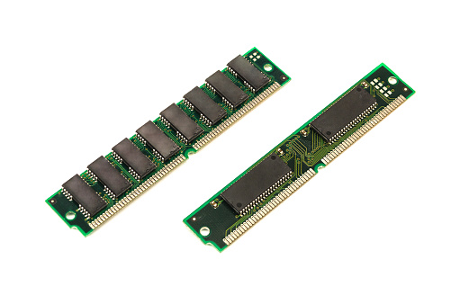 Memory module of computer isolated on white background. Obsolete old ram hardware.