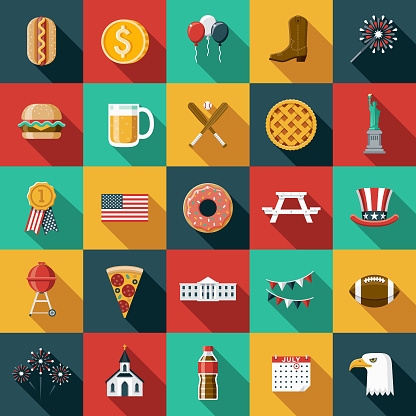 A set of flat design styled United States of America icons with a long side shadow. Color swatches are global so it’s easy to edit and change the colors.