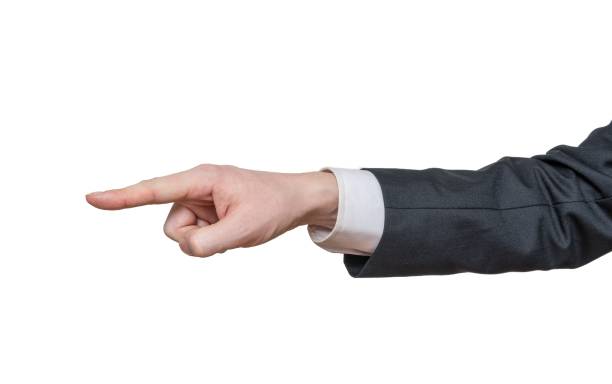 istock Hand of businessman is pointing left. Isolated on white background. 925159140