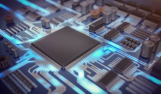 istock 3D rendered illustration of electronic circuit with microchips and glowing signals. 925159160