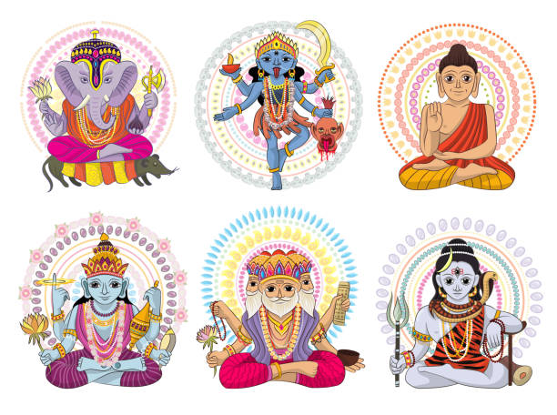 ilustraciones, imágenes clip art, dibujos animados e iconos de stock de dios indio vector deidad del hinduismo de diosa o ídolo divino ganesha en conjunto de ilustración india de la religión dios asiático aislada sobre fondo blanco - indian god