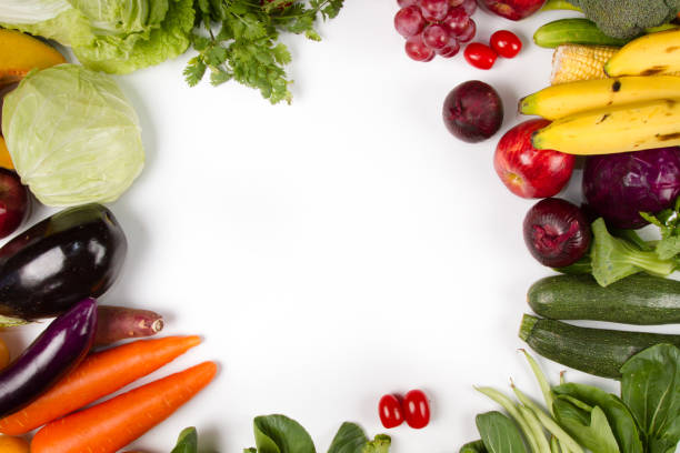 istock Fresh fruits and vegetable border with white background, top view 925164122