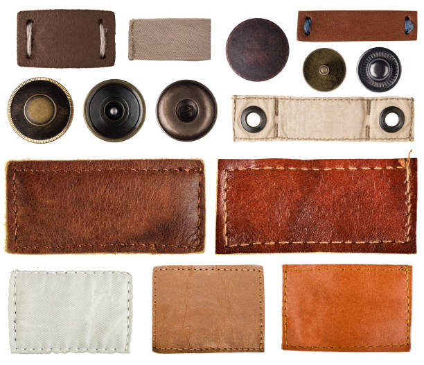 istock Metal jeans buttons, rivets, tag and jeans labels collection on white background. 925167034