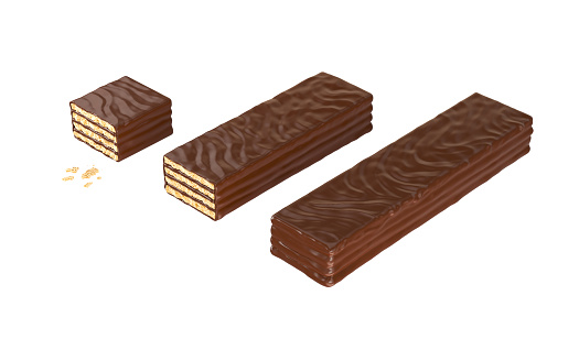 Set of Dark chocolate coated on wafer piece, 3d illustration of Chocolate wafer, Clipping path