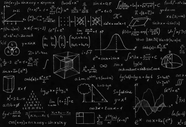 Math, physics formulas and symbol on black background.
