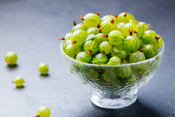 istock Gooseberries in glass bowl on black stone slate background. Copy space. 925171442