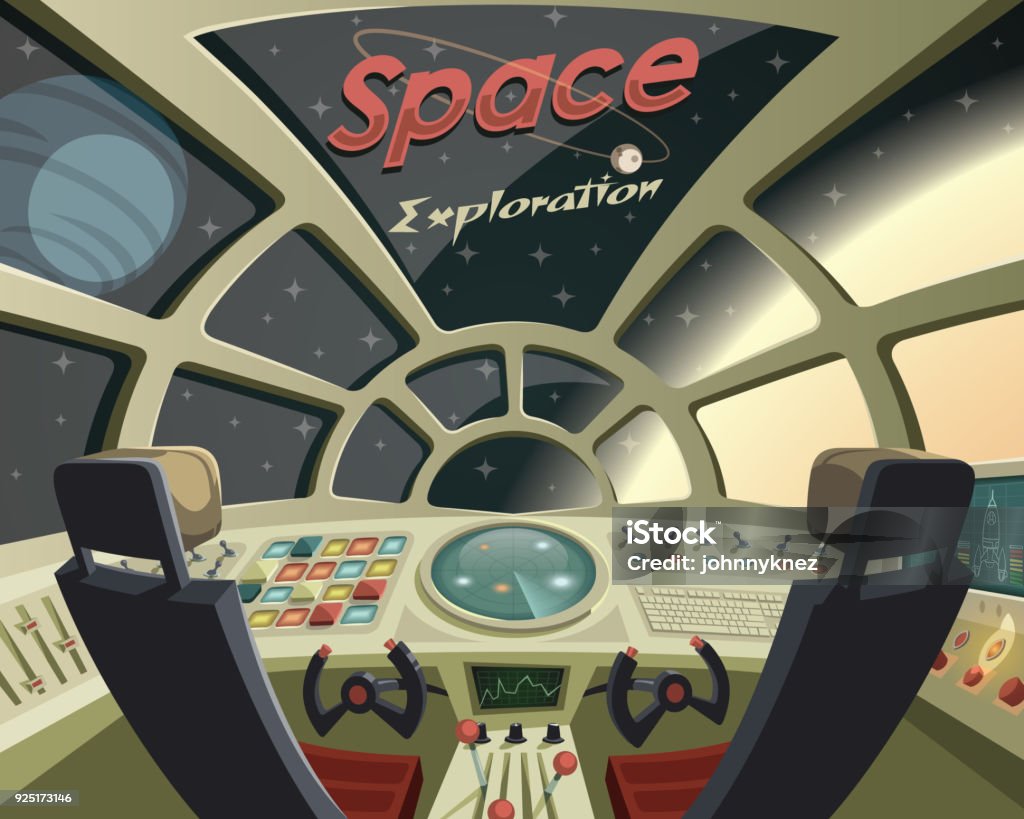 Exploration de l’espace, vue depuis le poste de pilotage de vaisseau spatial - clipart vectoriel de Vaisseau spatial - Véhicule spatial libre de droits