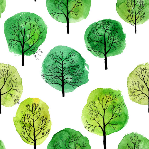 vector seamless pattern with deciduous trees vector seamless pattern with deciduous trees and green watercolor foliage, hand drawn natural background linden new jersey stock illustrations