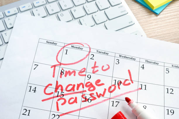 calendar with words time to change password. password management. - password imagens e fotografias de stock